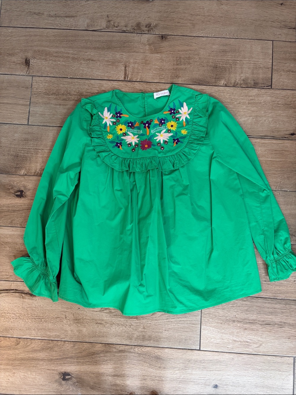 Embroidered Ruffle Yoke Blouse - Green